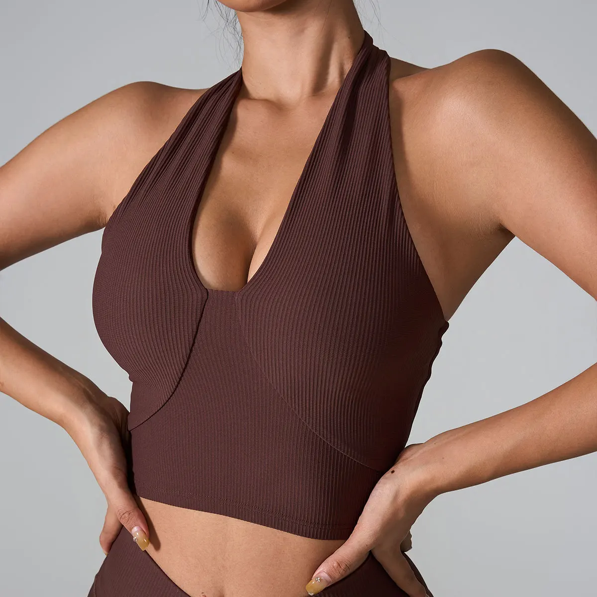 

Halter Neck Sports Bra – High-Impact Support, Ribbed Tight Fit, Seamless for Yoga & Running Crop Tops
