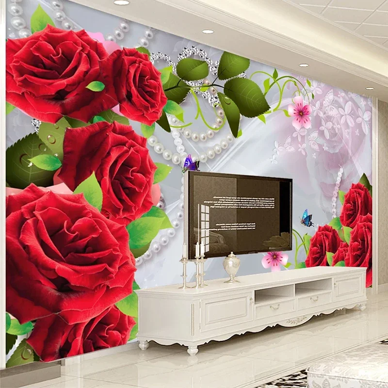 Custom Photo Waterproof Silk Cloth Red Rose Flowers Mural 3D Wallpaper For TV Background Wall Painting Living Room Bedroom Decor