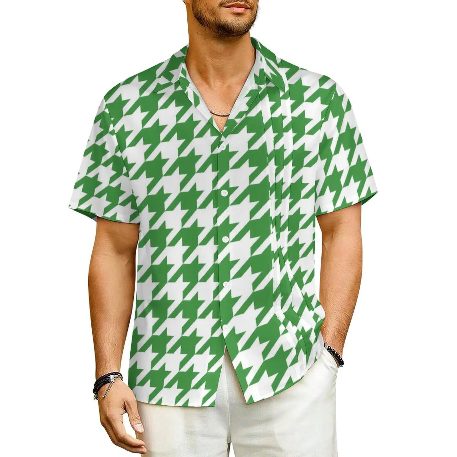 

Green Houndstooth Beach Shirt Men St Patricks Day Elegant Casual Shirts Hawaii Short-Sleeve Stylish Design Oversize Blouses Gift