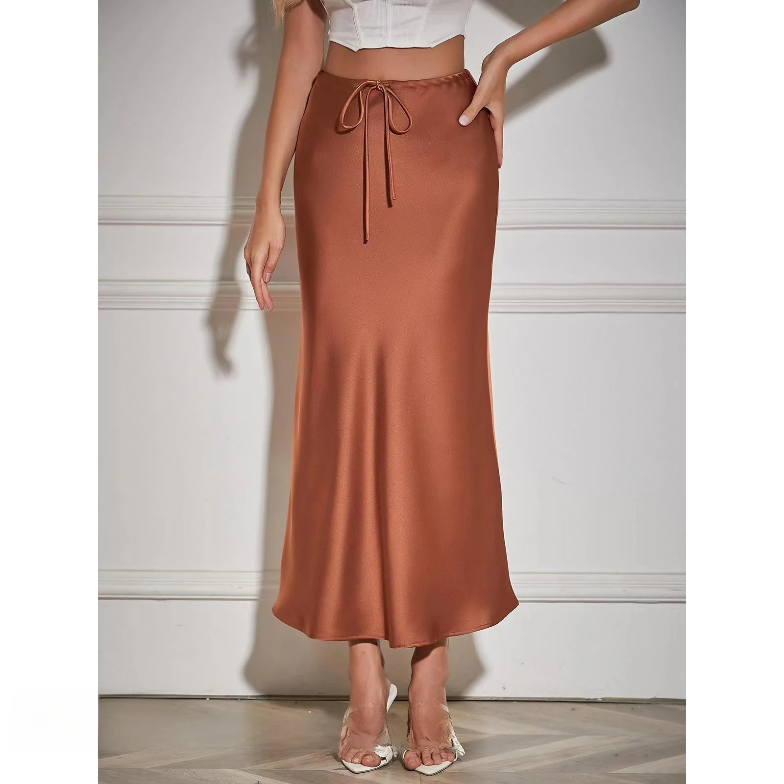 

New High Waist Satin Color Lace up Skirt a Line Long Dr Women's Premium Faion Spring Autumn Winter Collection