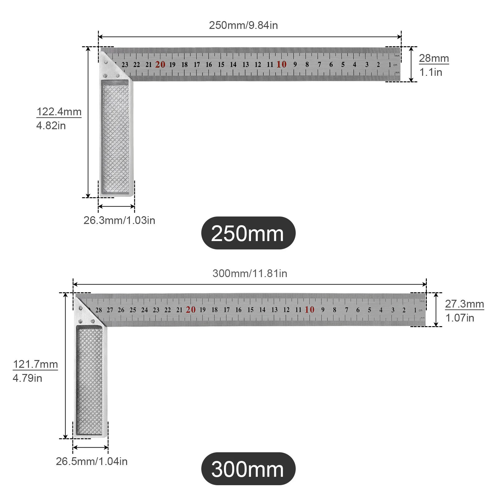 250mm 300mm Square Ruler Right Angle 90 Degree Woodworking Tool Aluminum Alloy Thickened Square Angle Ruler Gauge Measuring Tool