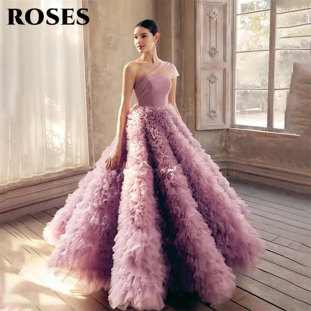 

ROSES Lavender Prom Dress One Shoulder Evening Dresses with Ruffled Tulle Party Dresses A Line vestidos de fiesta Customized