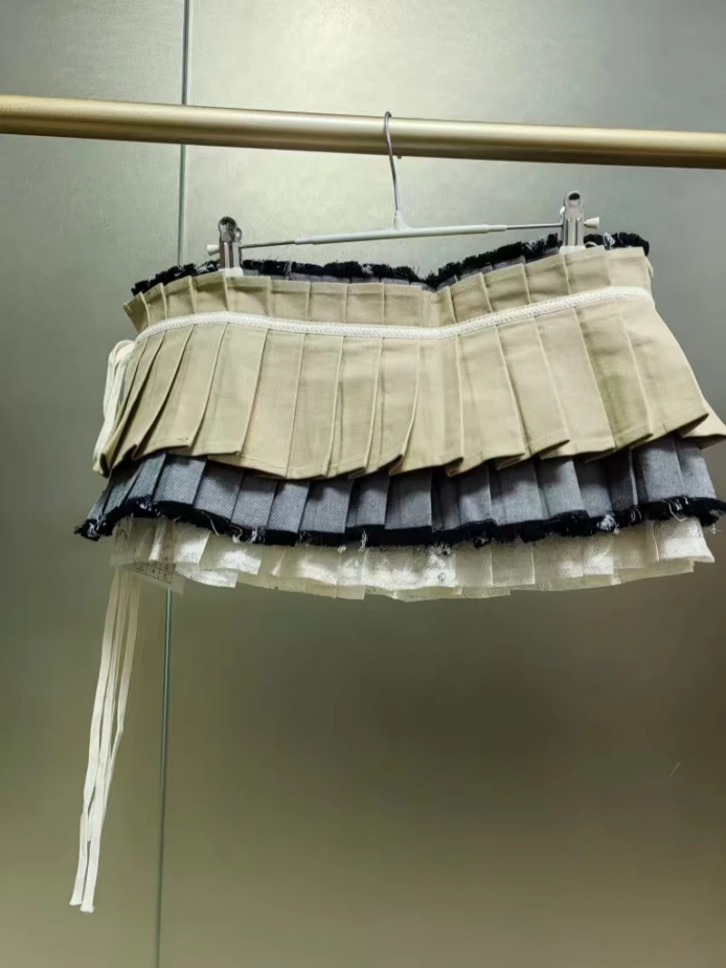 Real Photo Herfst 2025 Twee Side Wear Denim Geplooide Tailleband Rok Vrouwen Korte Verstelbare Y2K Rokken Koreaanse Populaire Kleding