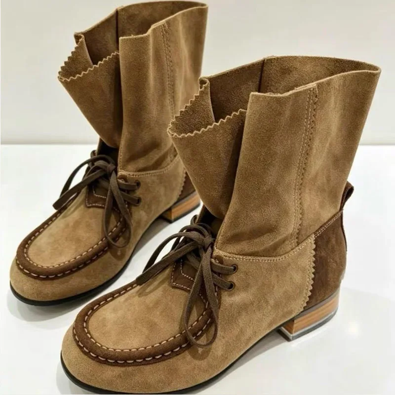 Eilyken New Design Pleated Riding Ankle Boots Women Fashion Color Blocking Round Toe Lace-up Low Heels Shoes Large Size 43