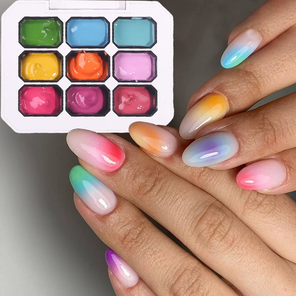

1box 9 Grids Gradient Smudge Gel Nail Polish Oil Painting Canned Nude Nail Polish Patting Glue Semi-Solid Candy Color Manicure