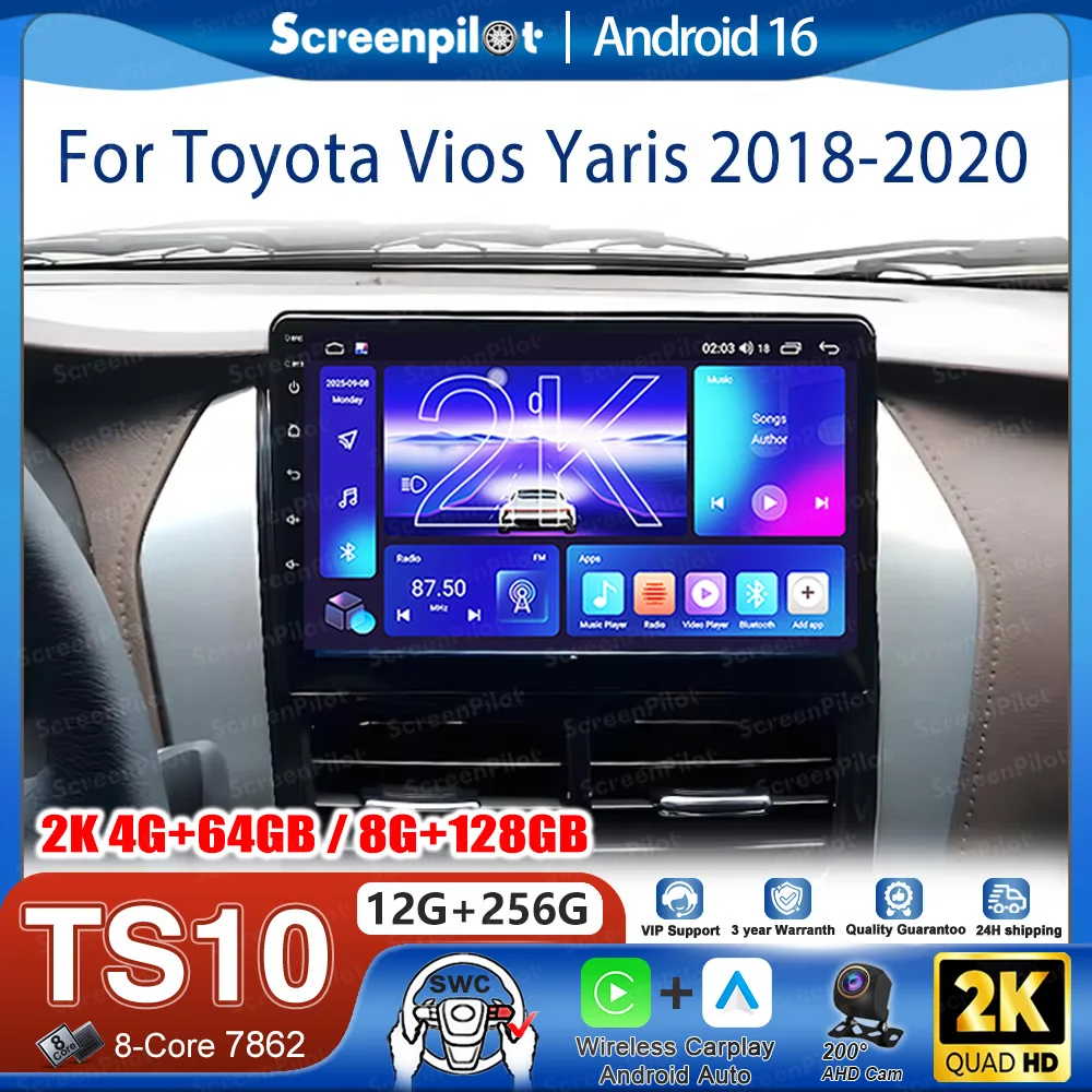 

Автомагнитола Android 16 для Toyota Vios Yaris 2018-2020, навигационная система, CarPlay, сенсорный экран, Wi-Fi, 8-ядерный процессор