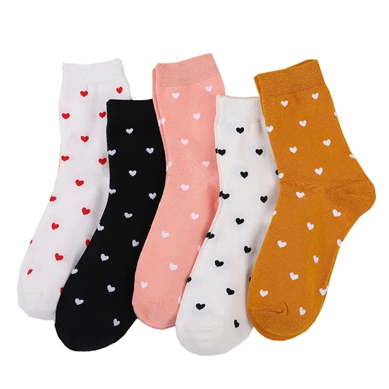 5 Pair Long Cute Socks Women Love Heart With Print Kawaii Beautiful Lady Designer Socks High Art Warm Sokken Femme Calze