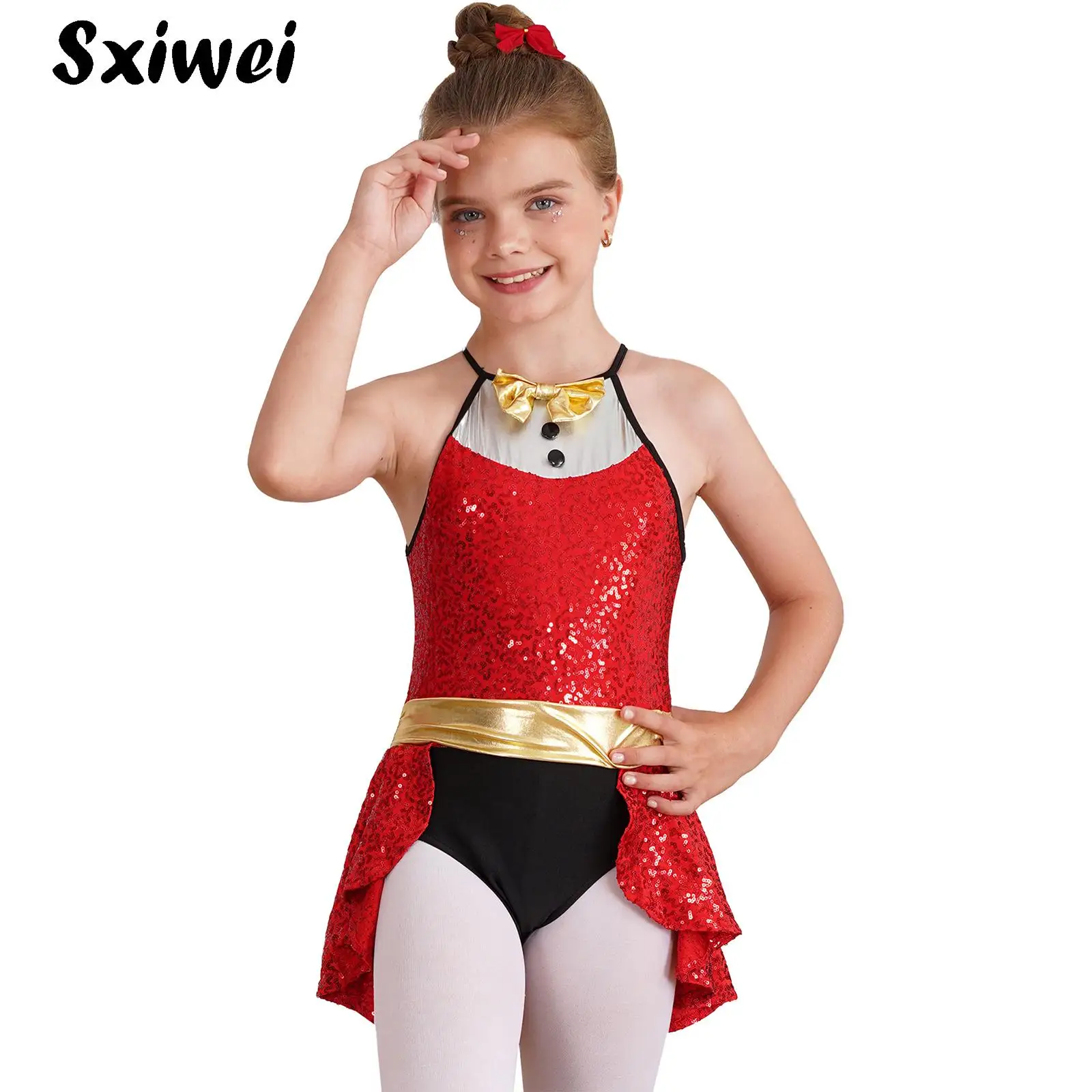 الفتيات أكمام الترتر سهرة يوتار فستان السيرك ملابس مهرج Bowknot الجاز الحنفية اللاتينية الشكل التزلج على الجليد ملابس رقص