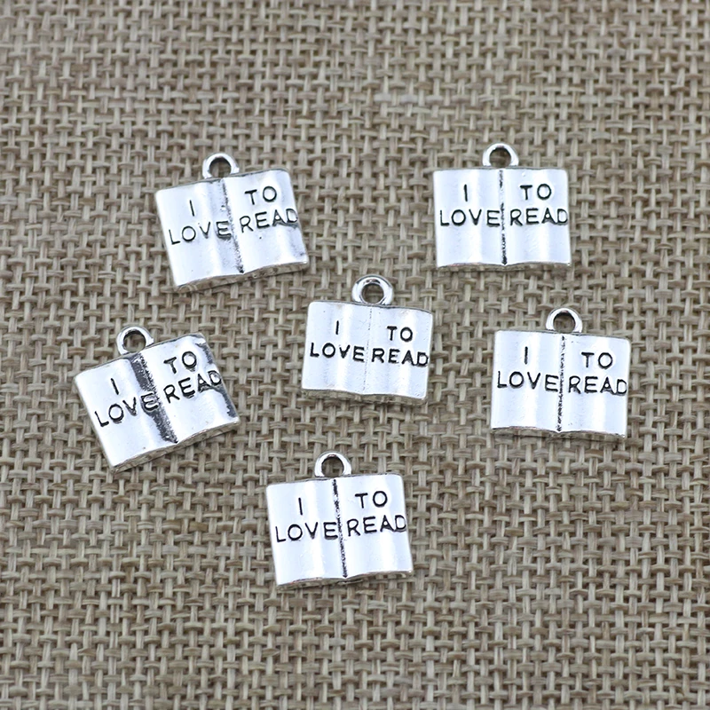 12pcs/Lot 14x14mm Book Charms I Love To Read Antique Silver Color Pendants for DIY Jewelry Making Charm