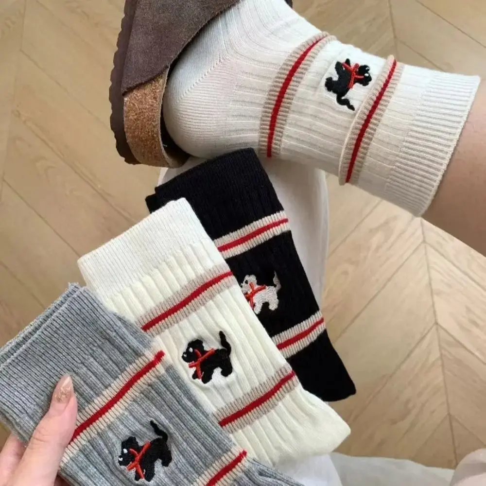 Fashion Cartoon Dog Mid-Calf Sock Embroidery Cute Tube Socks Women Stripe Ins Style Cotton Short Socks Women's