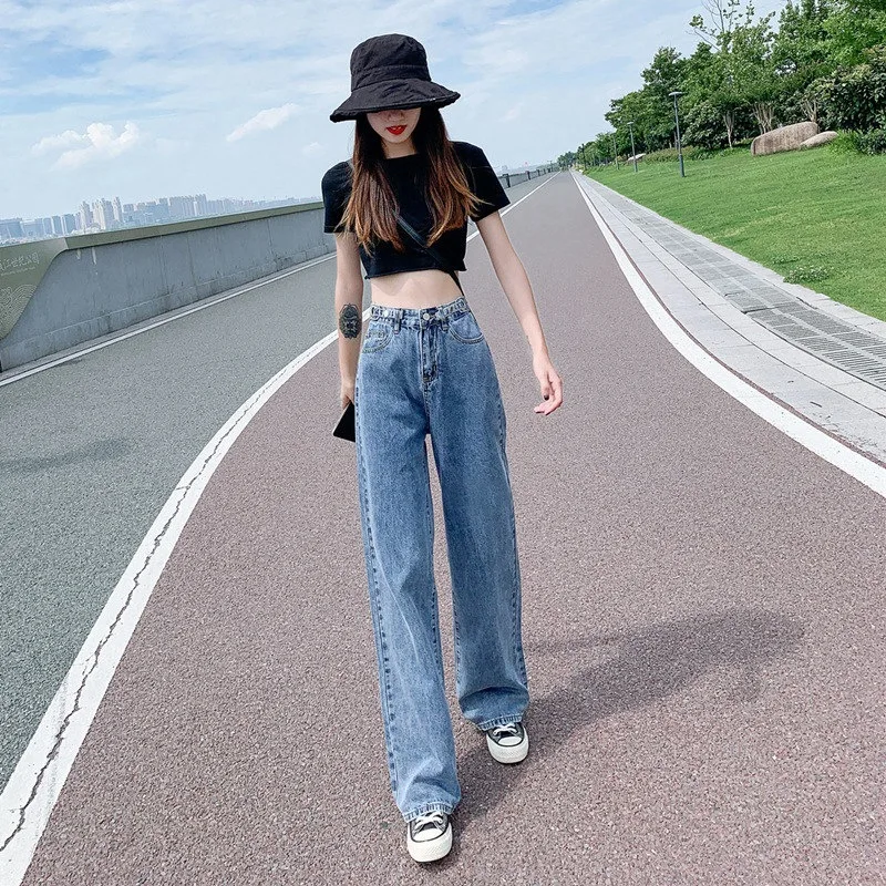 Korean Version of High Waist Wide-leg Jeans, Women's Spring and Summer New Fashion Loose Casual Straight Leg Floor-length Jeans