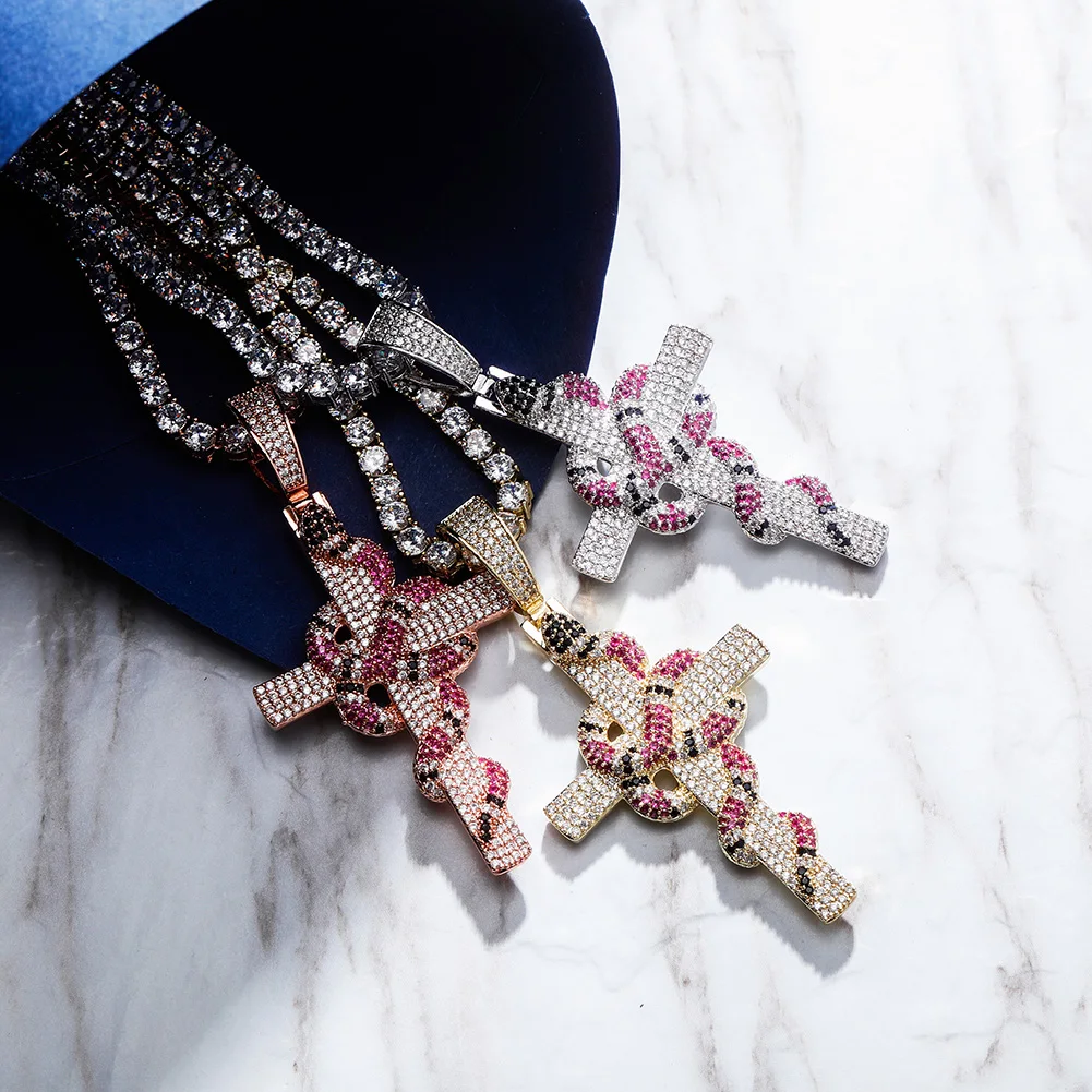 TOPGRILLZ New Snake Winding Cross Pendant Necklace Iced Out Cubic Zirconia Pendant Christmas Halloween Hip Hop Jewelry Gifts