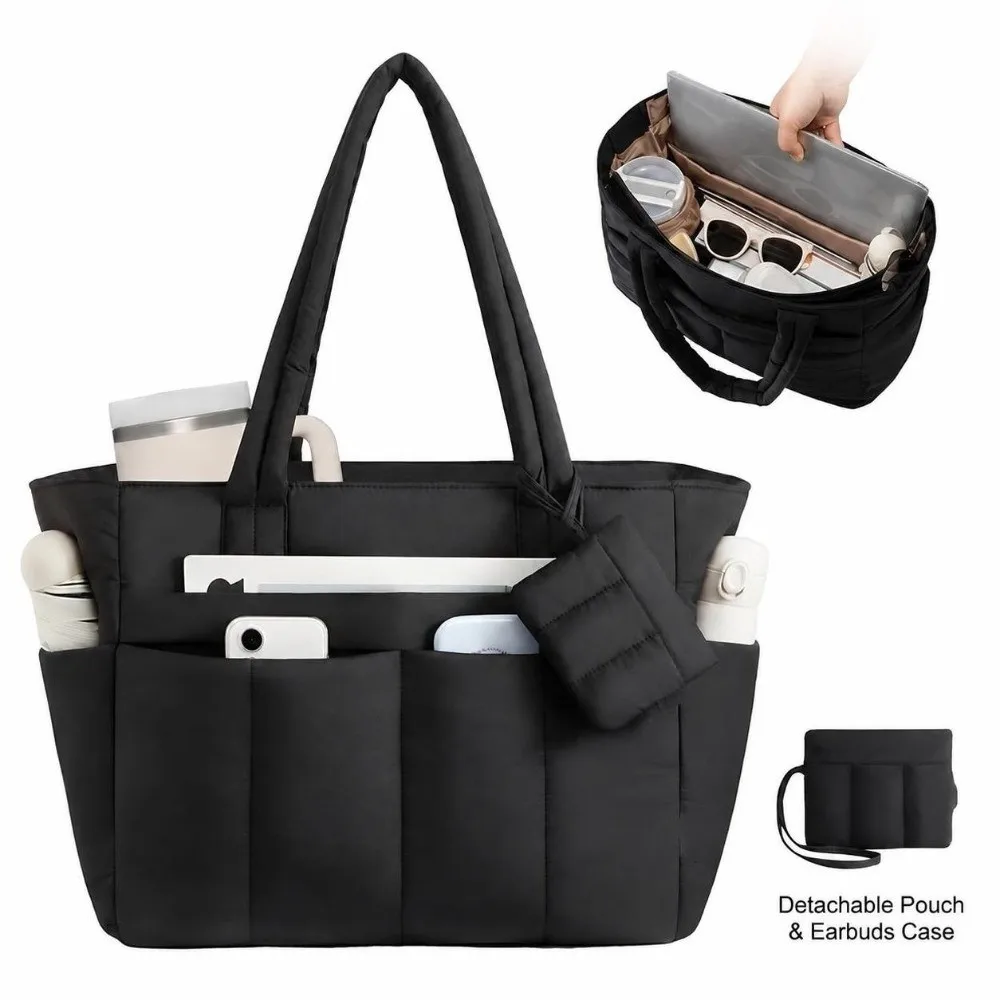 30L Capacity Quilted Tote Bag Laptop Compartment Front Hidden Pocket Business Bag Luggage Sleeve Machine Washable Nurse Tote Bag