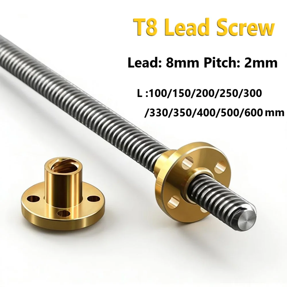 T8 Lead Screw Trapezoidal Rod Pitch 2mm Lead 8mm 100/150/200/250/300/350/400/500mm T8 Lead Screw Nut Reprap 3D Printer Parts