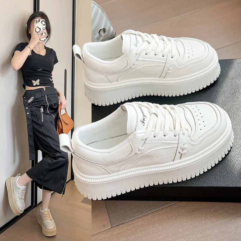 Фото Chaussures Blanches Femme 2025 — Sport & Loisirs à Semelle Épaisse — Léger et Polyvalent — Nouvelle Collection Automne