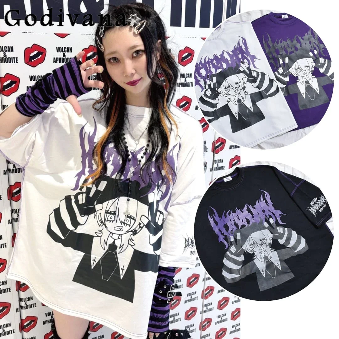 Japanese Y2k T-Shirts Women Loose Slim Subculture Cartoon Anime Print 2D Casual T-Shirts Hot Girl Summer Streetwear Punk Tops