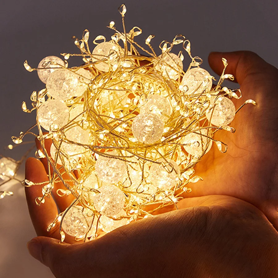 LED Firecracker Fairy Light Outdoor Waterproof Crystal Crackle Ball String Light For Christmas Tree Home Party Holiday Garden