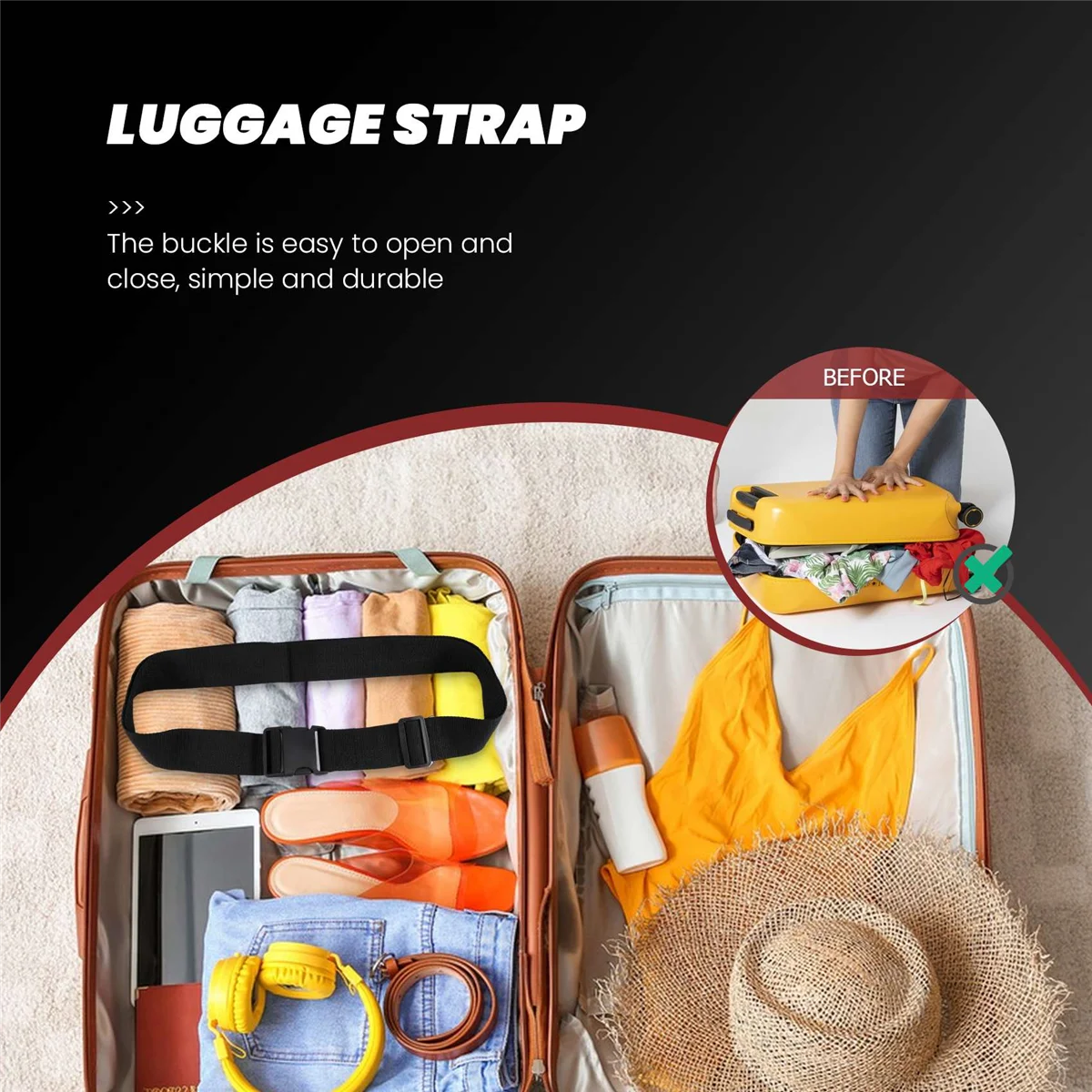 ABQR Luggage Belt Strap Belt Cord Rope Black for Suitcase Travel Bag 2M