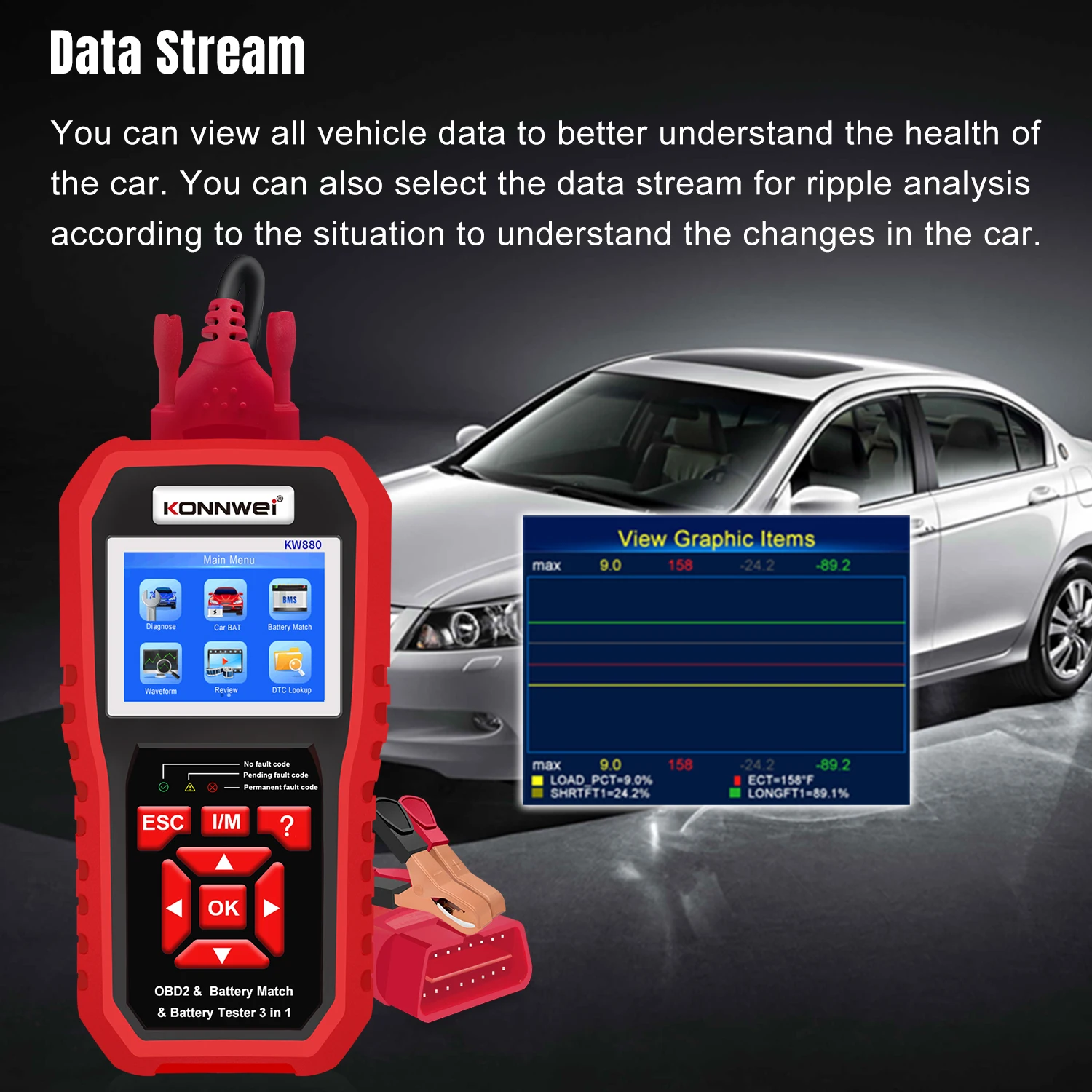 KONNWEI KW880 12V Car Battery Tester Analizer Auto Diagnostic Tool Battery Match 3 in 1 Car OBD2 Scanner Full OBD2 Function