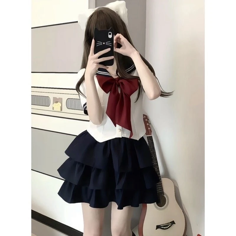 Uniforme scolastica giapponese Jk Plus Size S-8XL Uniforme da marinaio Coreano Preppy Girl Navy Colletto Fiocco Pommel Gonna Abito per le donne