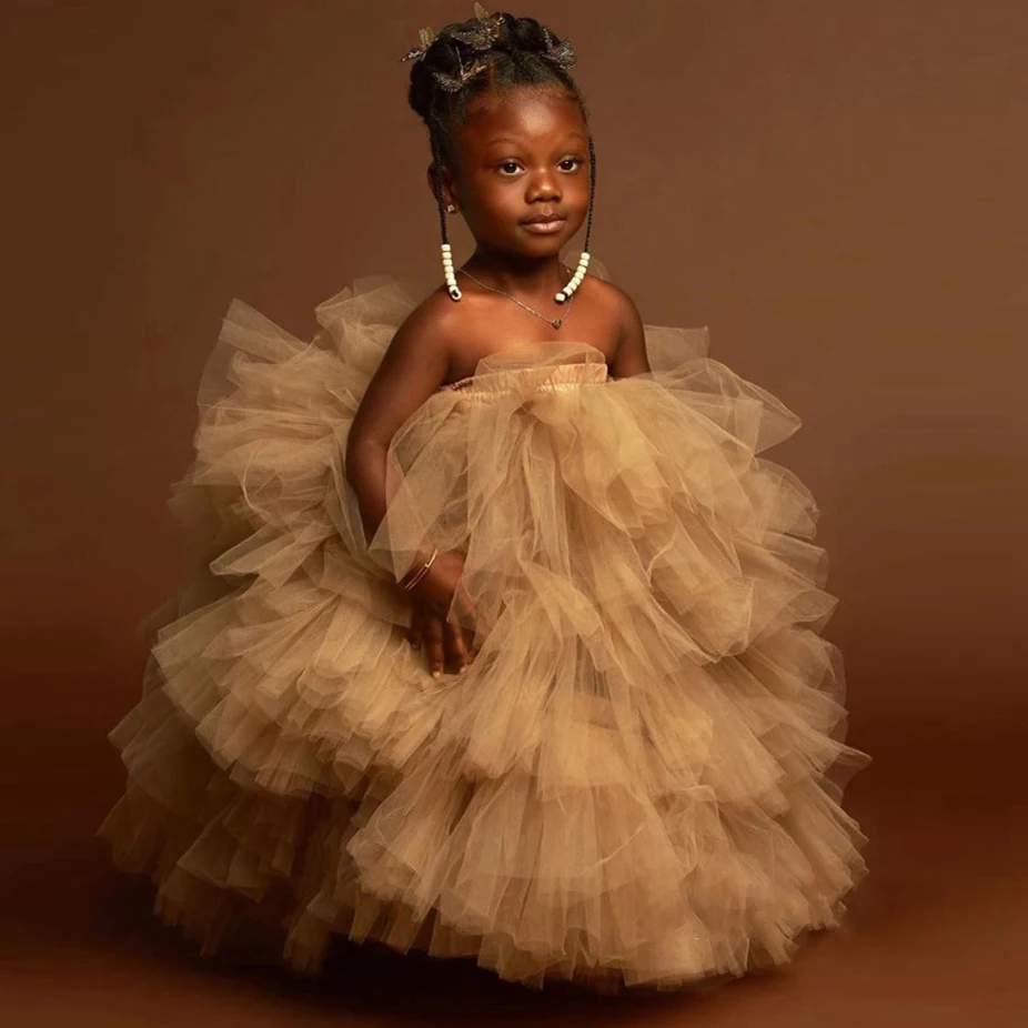 

Khaki African Pageant Dresses Strapless Sleeveless Party Gown Flower Girl Dress Multilayered Ruffles Formal Wear