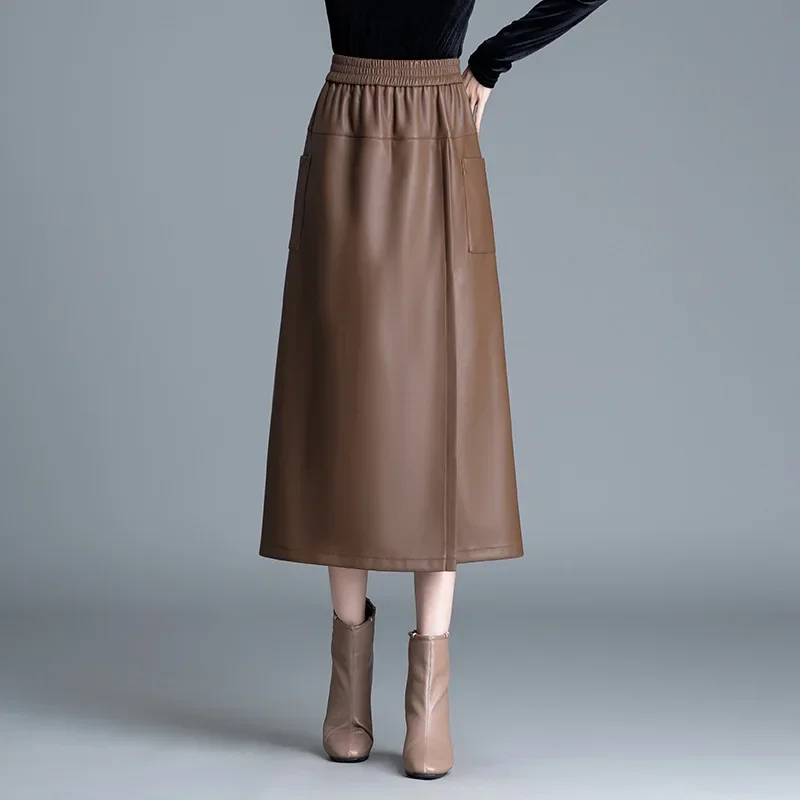 2025 women's  long, fashionable PU leather skirt, pleated A-shaped casual pendulum, straight medium and long skirt