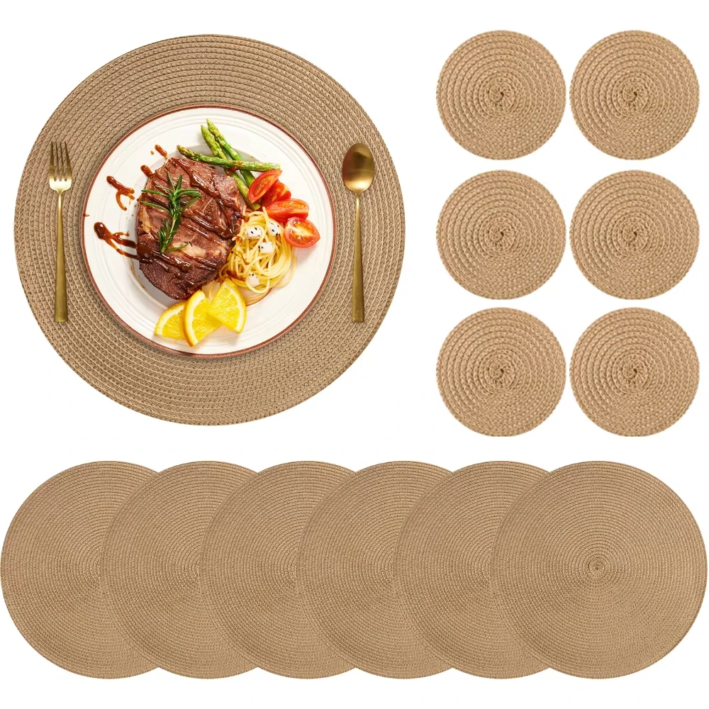 Round Braided Placemats Washable Heat Resistant 38cm Table Place Mat Non-Slip for Kitchen Xmas Dining Table Party Decor 1/6PCS