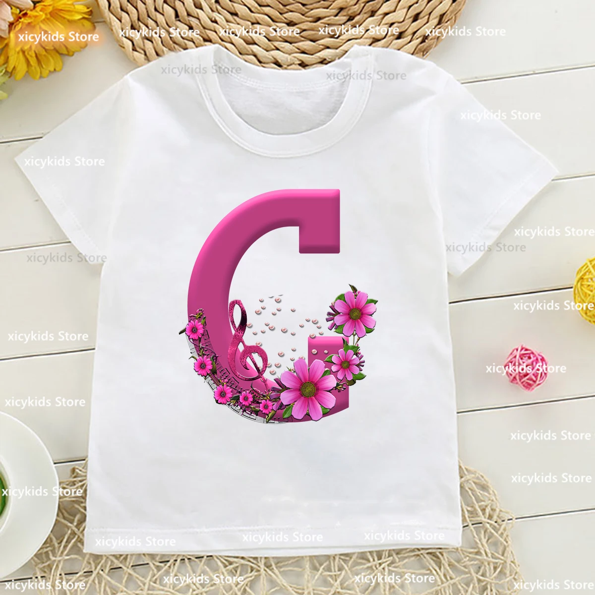 Pink Music Rose 26 Letter Printed Girls T-Shirt A B C D E F Printed Kids Tshirt Summer Fashion Girls Clothes White Top Wholesale