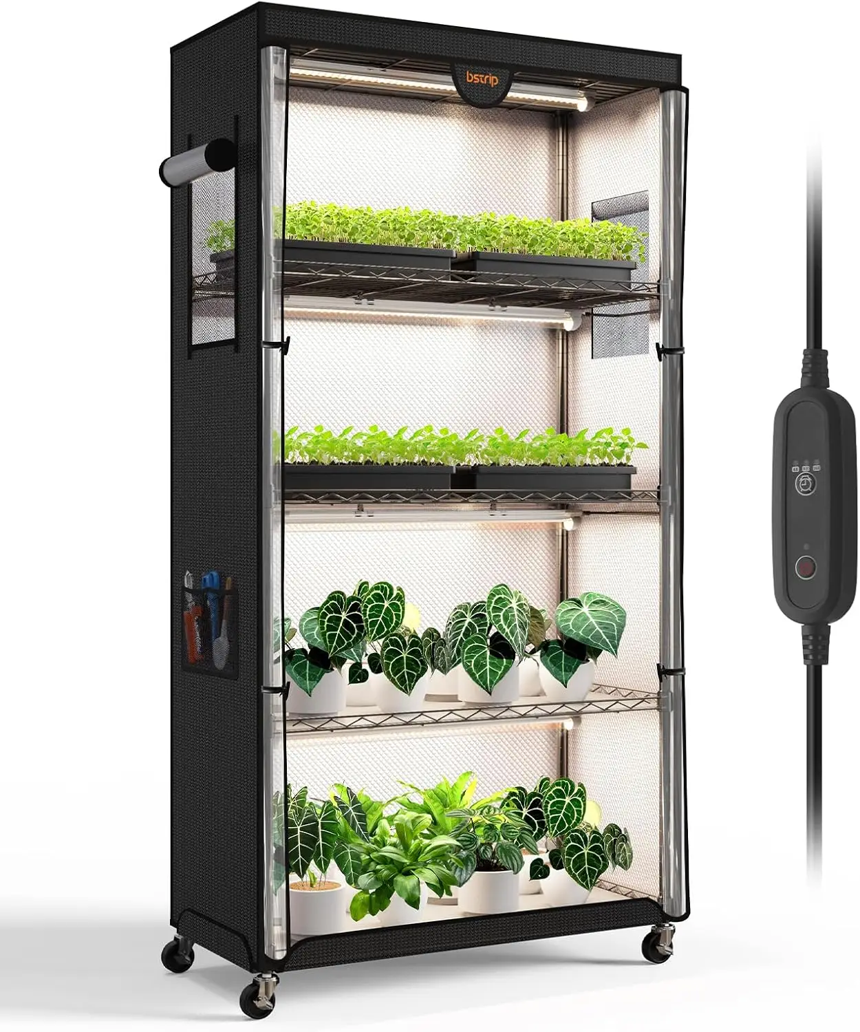 Indoor Plant Growing, Plant Stand with Grow Lights and Tent, 4 Pack 24W Full Spectrum Lights, Black