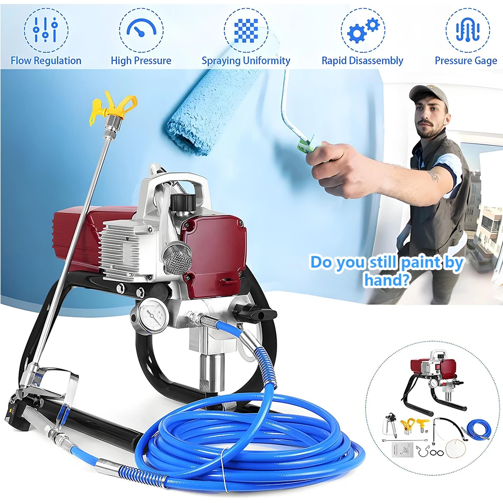 Professional Electric Airless Paint Sprayer High Pressure Painting Machine for Wall Furniture DIY with Spray Gun Hose Nozzle Set