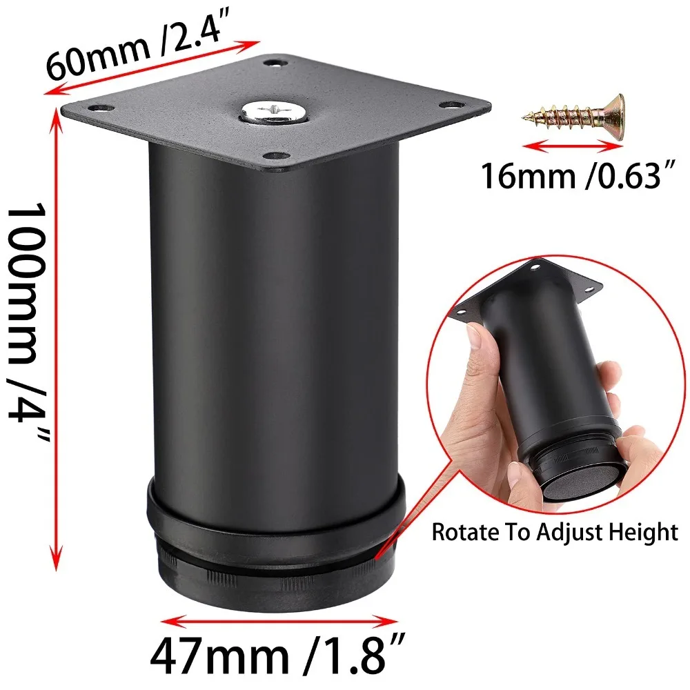 أجهزة أثاث عالية الجودة مقاس 4 بوصة أرجل قطع الأثاث من الفولاذ المقاوم للصدأ وأرجل خزانة معدنية سوداء وأرجل بديلة للأثاث