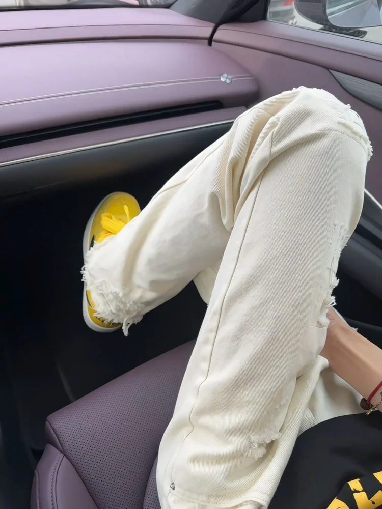 

Cleanfit White Frayed Hole Micro Flared Jeans Men's American High Street Vibe Cool Trendy Straight Leg Pants Youth Faion