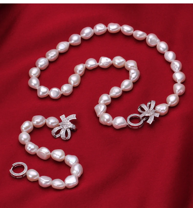 Genuine Pearl Necklace Sets For Women,Natural Freshwater White Pearl Necklace Bracelet Jewelry Sets Wife Mother Gifts