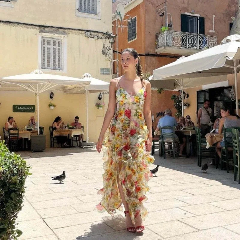 Fmxires Zomer Nieuwe 2025, Vrouwen Sexy V-hals Backless Bloem Chiffon Maxi Jurken Jurk Split Celebrity Uitgesneden Strand Maxi Jurk