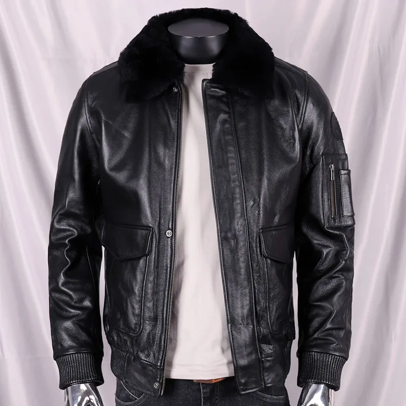 2024 New Classic Flight Suit Leather Jacket Autumn Winter Men's Warm Ribbed Head Layer Cowhide Leather Male Motorcycle Jackets