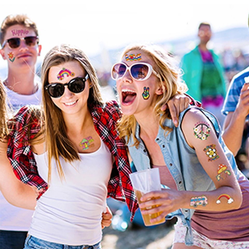 10 stücke Hippie Tattoo Aufkleber 1970s Wasserdicht Liebe und Frieden Geburtstag Party Band Blume Power Lächelndes Gesicht Regenbogen Aufkleber