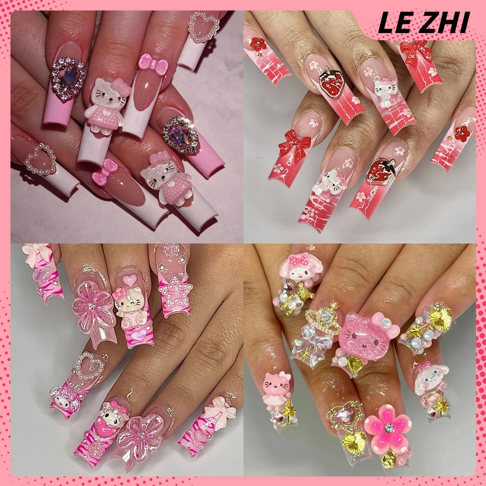 

10Pcs 3D Sanrios Hello Kitty Mymelody Fake Nails Y2K Spice Girl Xl Long Square Coffin Flowers Pearl French Style Press On Nails