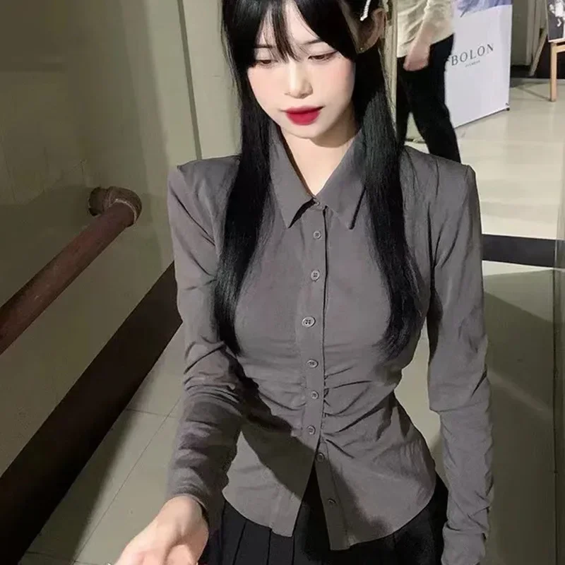 Sexy Shirts Skinny Grey Y2k Long Sleeve Pleated Tops Elegant Chic Korean Fashion Streetwear Office Ladies Blouses New