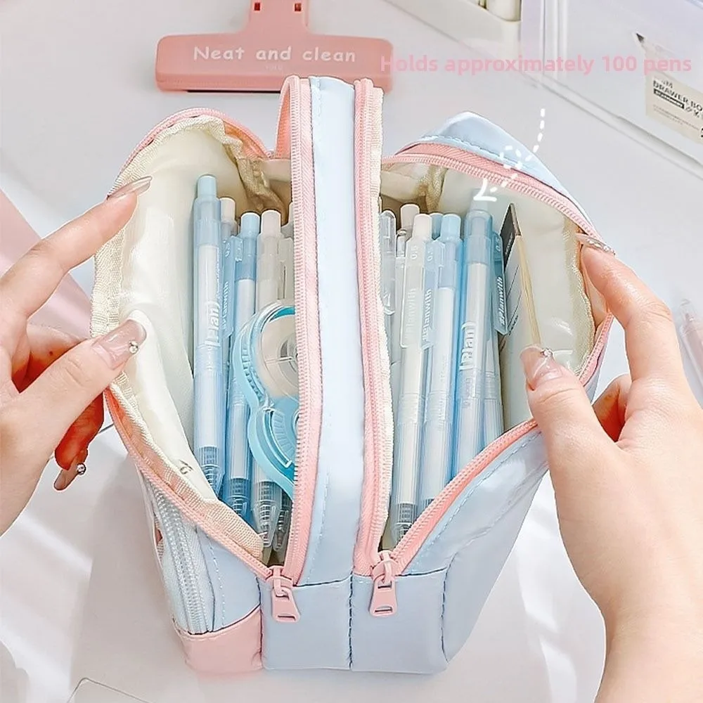 Japanese Style Pencil Bag Multi-layer Color Blocked Stationery Storage Bag Dirt Resistant Large Capacity Pen Pencil Case