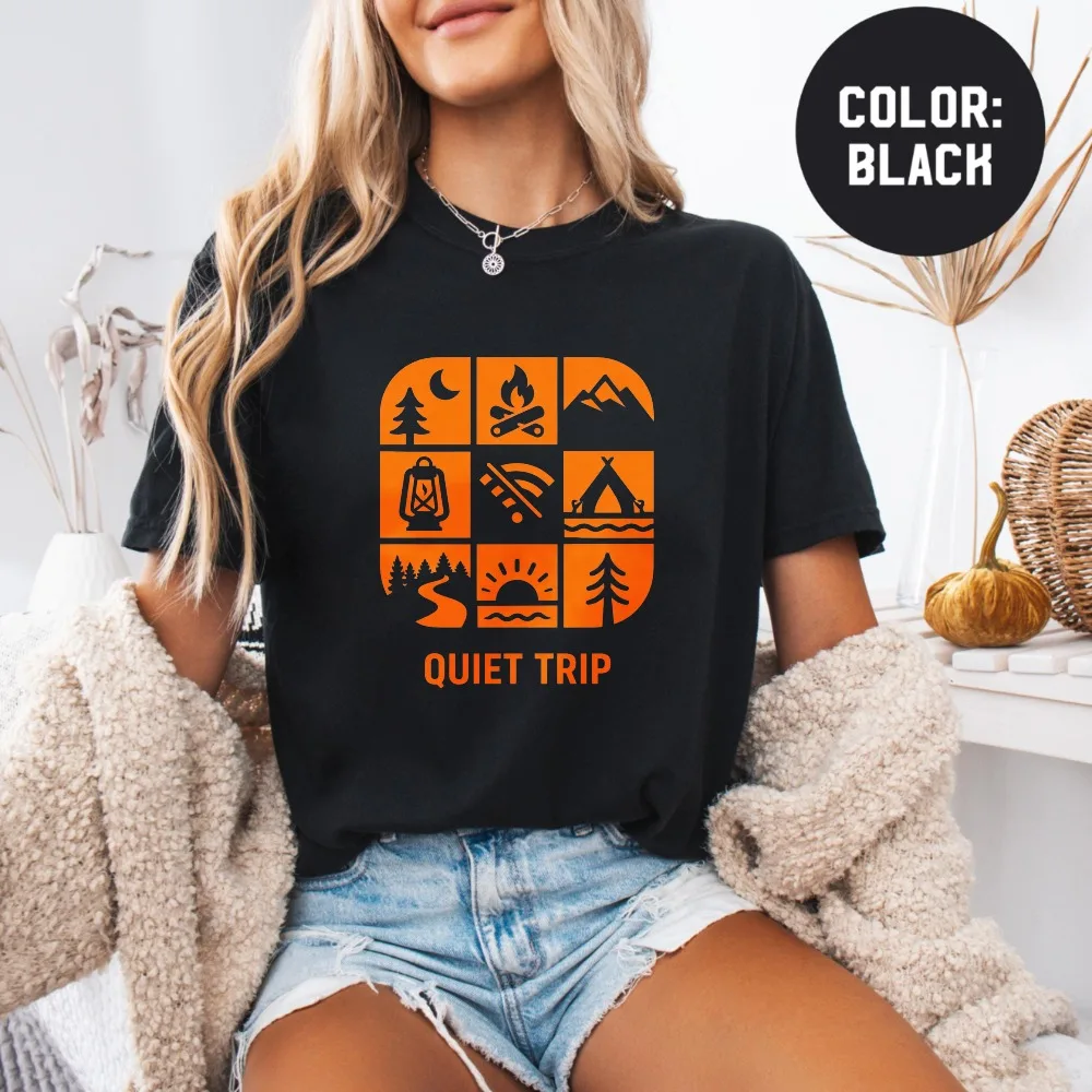 Quiet Trip Camping Multi Icon Mountain Cotton Unisex T Shirt Men Outdoor Wilderness Print Tee Hiking Adventure Nature Daily Tops