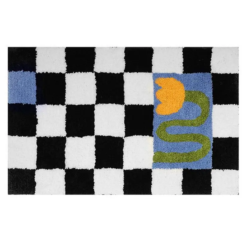 

A02M-Мягкий плюшевый коврик для ванной с цветочным узором и шахматной сеткой, декоративный прикроватный коврик, противоскользящий напольный коврик