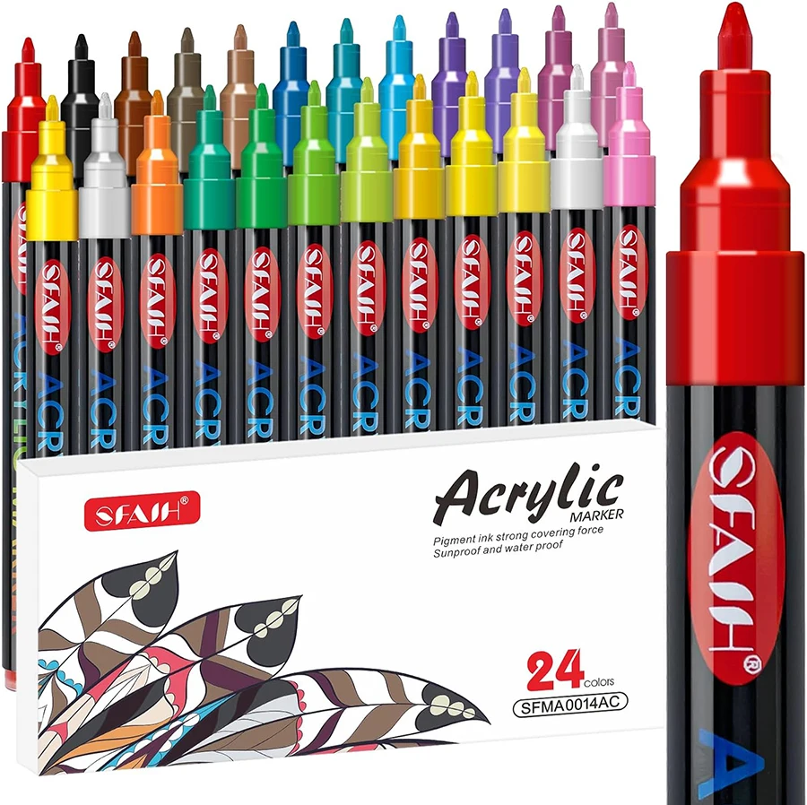 24 Colors Acrylic Paint Marker Pens, Multi-Surface Extra Fine Point Waterproof Sunscreen Non-fading Art Kit for Kids DIY Crafts