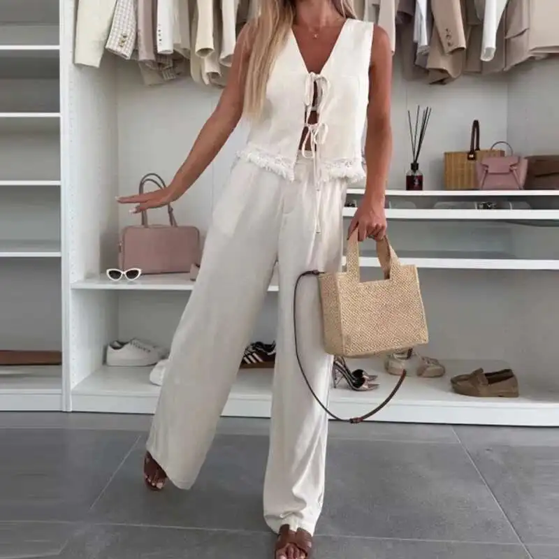 Letni koronkowy patchworkowy garnitur wakacyjny Lady Fashion Hollow Sleeveless Beach Outfit Casual V Neck Tie Up Top + Long Pants Two Piece Set