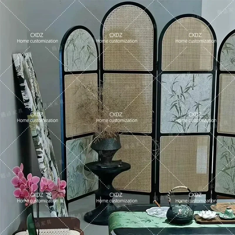 Solid Wood Rattan Folding Screen Room Divider Portable Partition for Living Room Bedroom Home Decor Tall Freestanding Privacy
