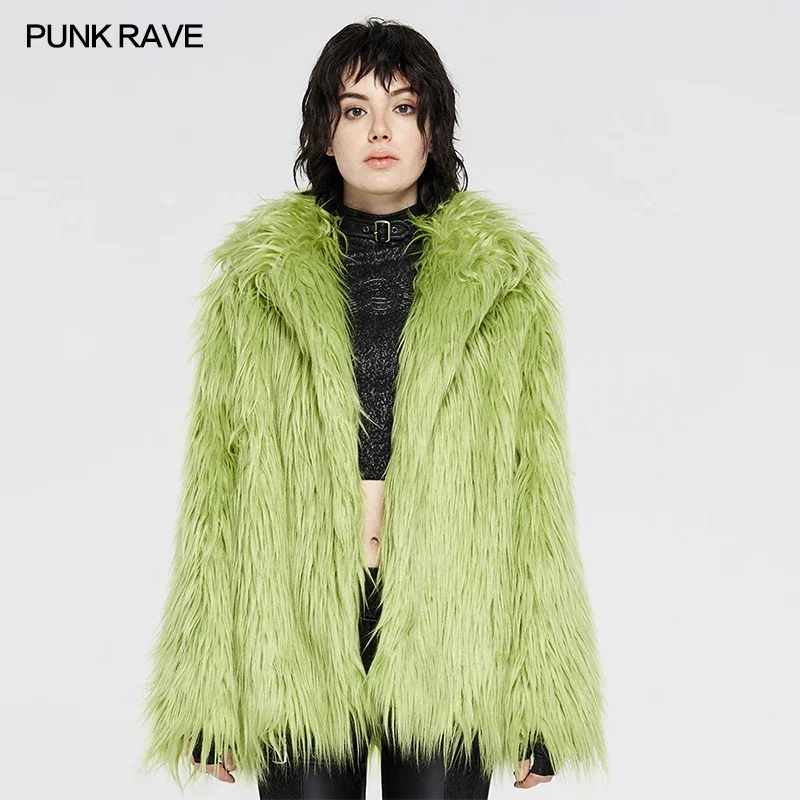 

PUNK RAVE Simple Punk Imitation Fur Coat Wool-like Fabric Keeps Warm Faux Fluorescent Green and Black Colors Clothing