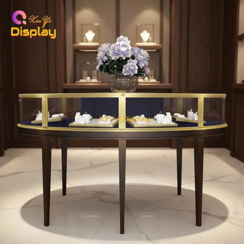 custom.Modern LED Lighting Tempered Glass Stainless Steel Customizable Special-Shaped Jewelry Showcase Display Cabinet Retail St