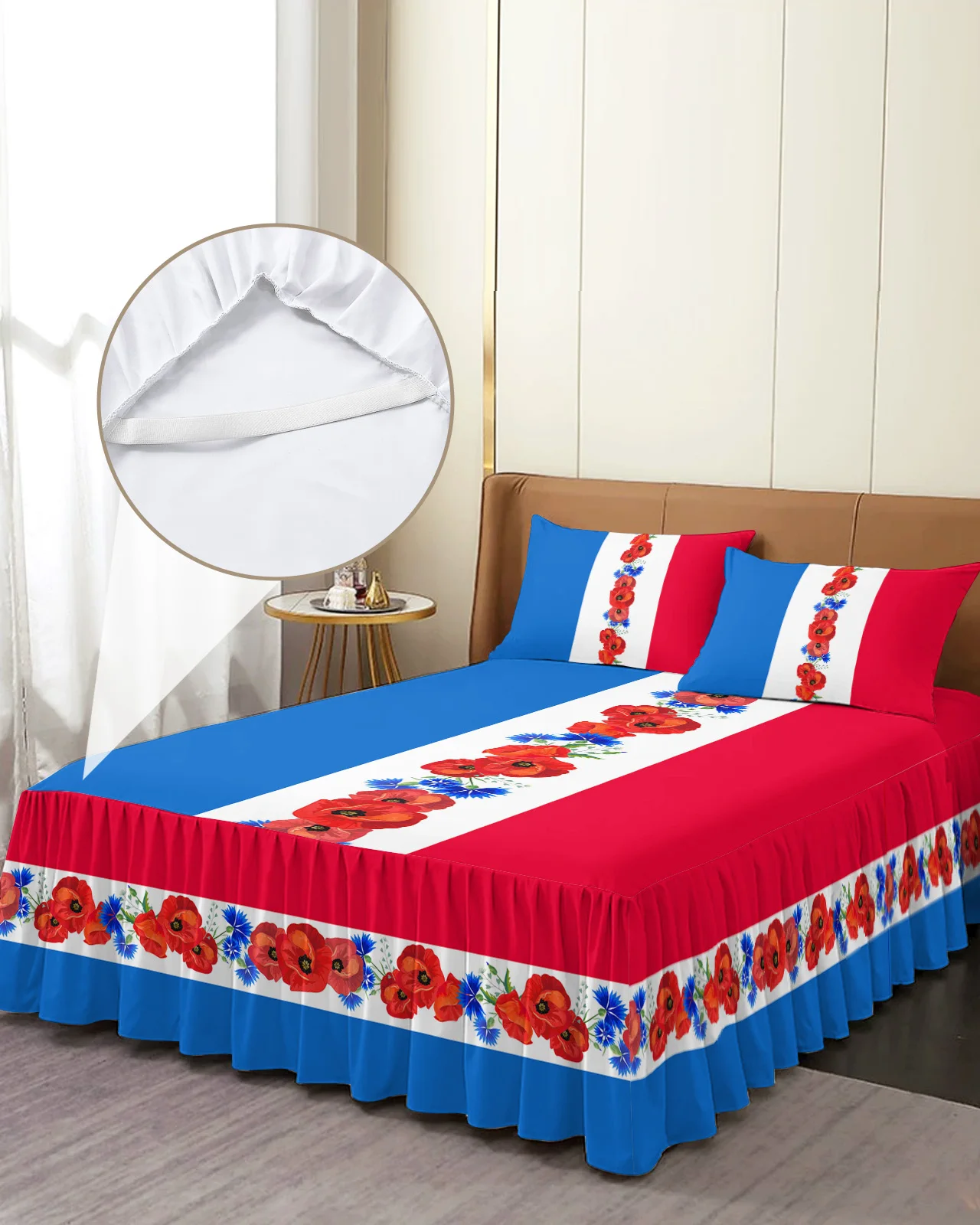 Blue White Red Poppy Flower Bed Skirt Elastic Fitted Bedspread With Pillowcases Mattress Cover Bedding Set Bed Sheet