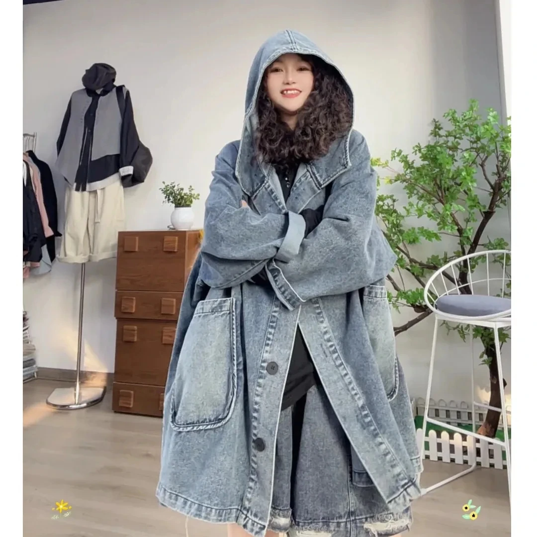 Fall Luxury Long Jackets Womens Fashion Vintage Loose Oversized Denim Trench Coats Ladies Hooded Casual Windbreakers