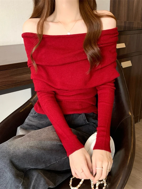 

Red Knitted Sweater Women's Slim Fit Base irt oulder Bared One-oulder Neline Commute Sle Korean Version Winter Inne...