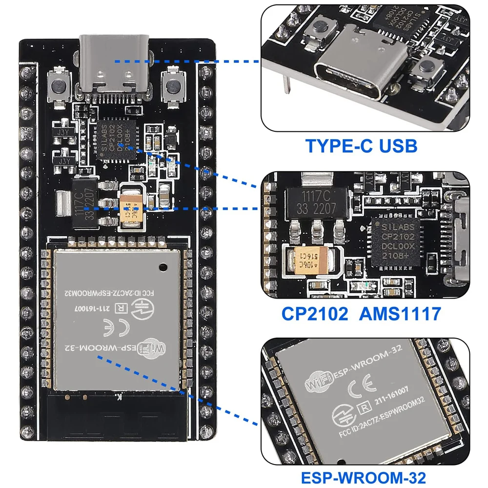 ESP-32S ESP32 CP2102 38 Pin Development Board 2.4 GHz Dual Core WLAN WiFi + Bluetooth 2-in-1 Microcontroller ESP-WROOM-32 Chip